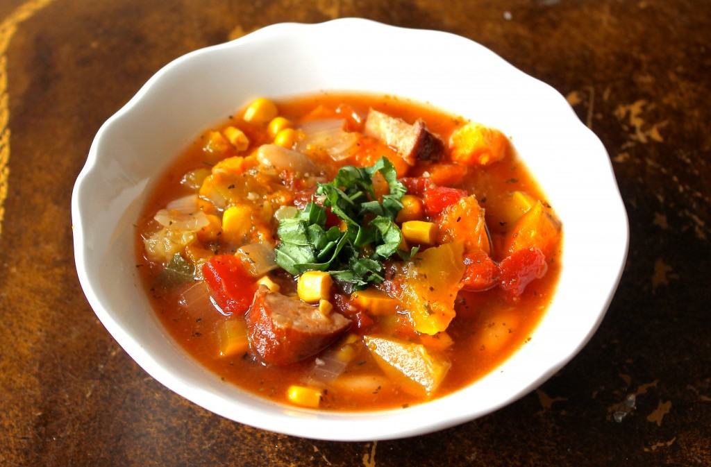 Slow Cooker Summer Squash, White Bean & Sausage Soup