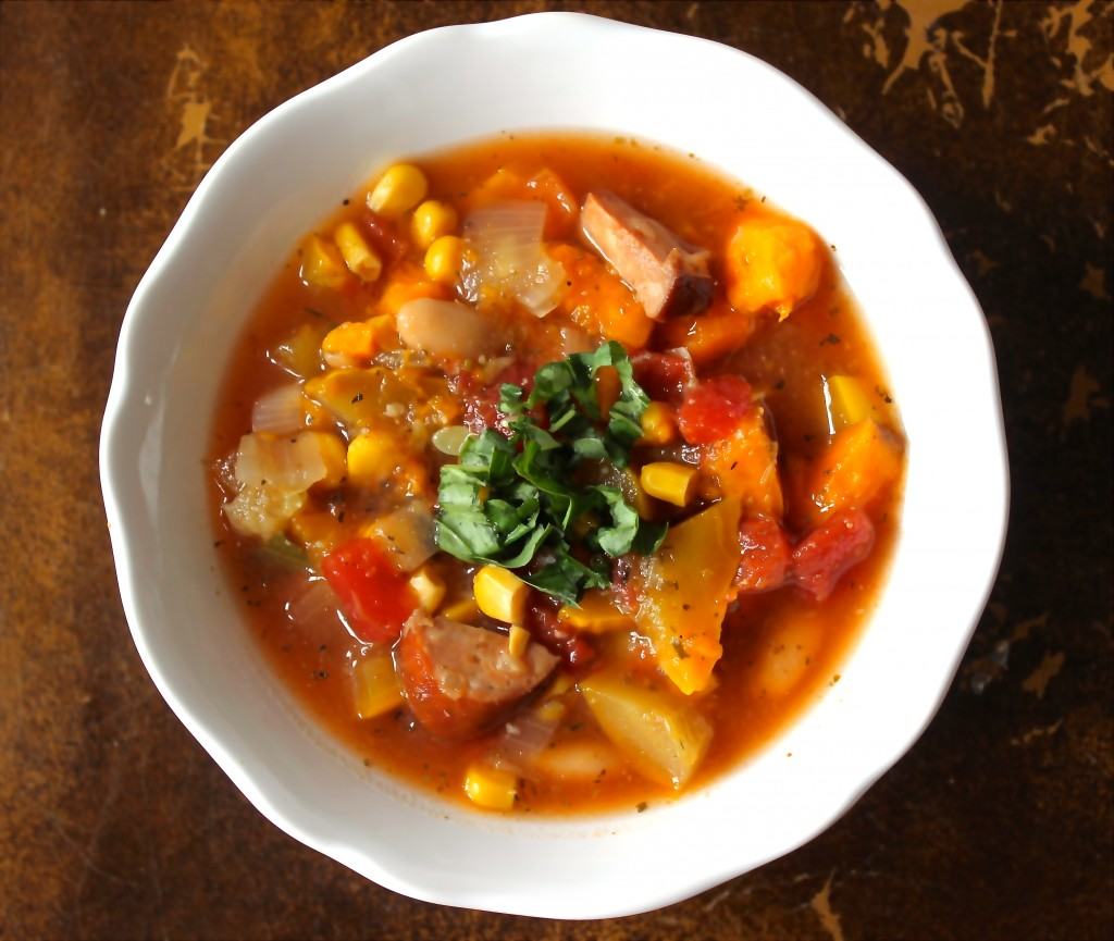 Slow Cooker Summer Squash, White Bean & Sausage Soup