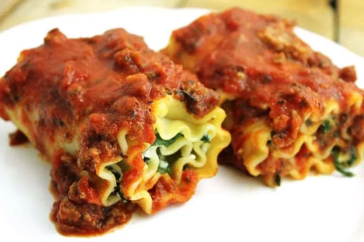 Lightened Up Spinach Lasagna Rolls with Meat Sauce