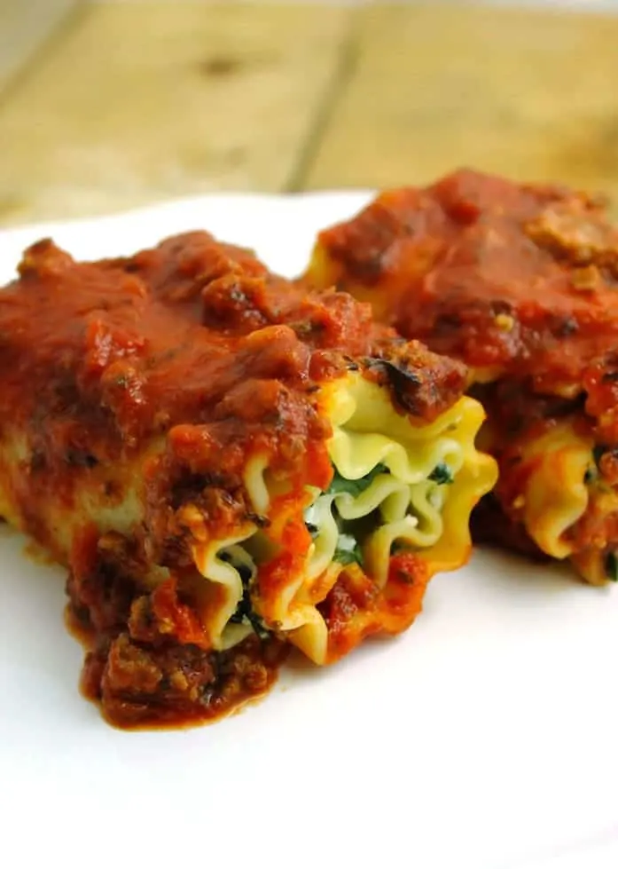 Lightened Up Spinach Lasagna Rolls with Meat Sauce