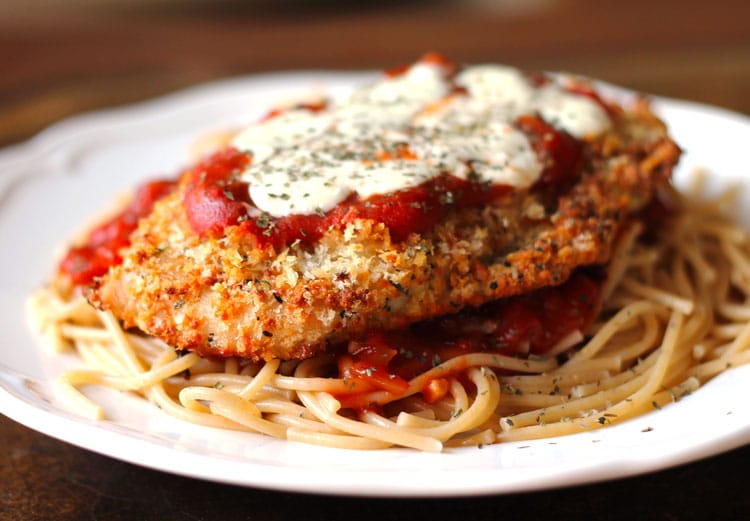 Baked chicken parmesan with spaghetti