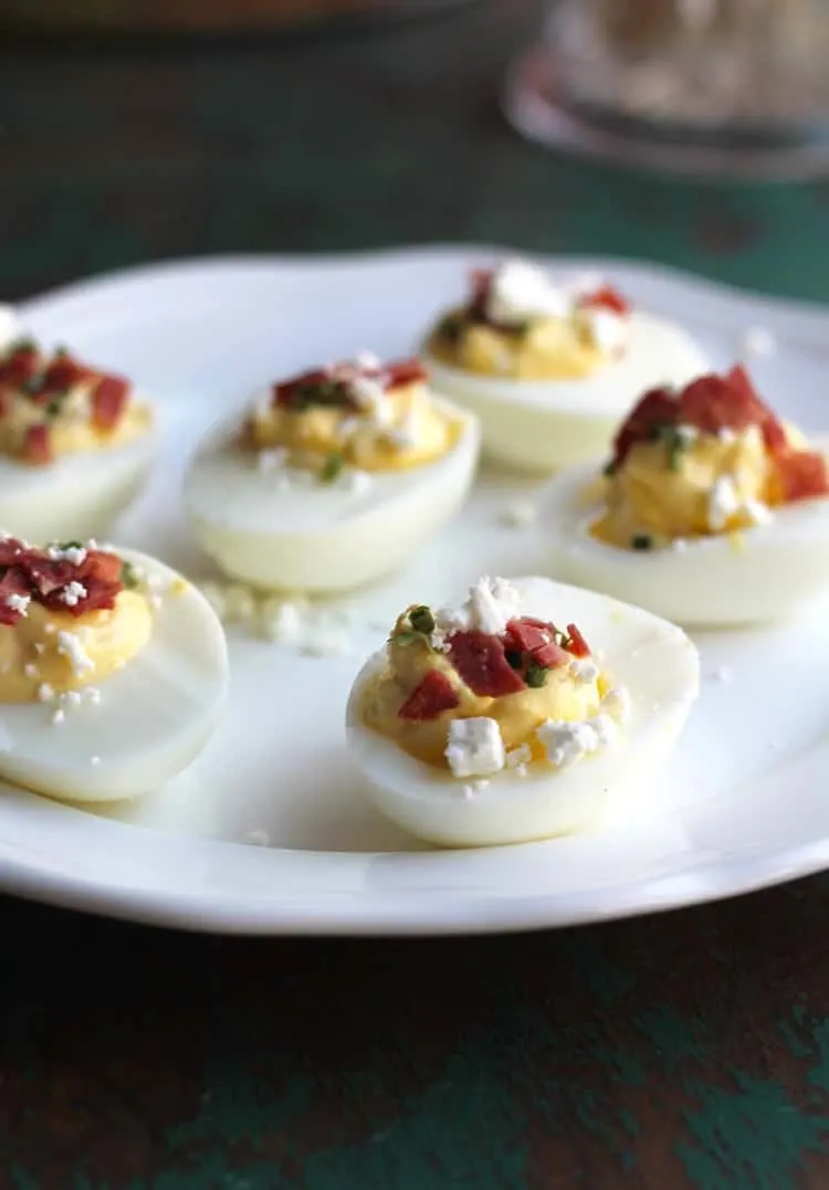 Lightened Up Feta and Turkey Bacon Deviled Eggs