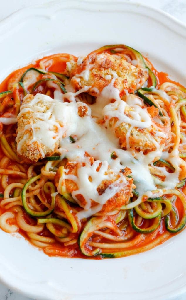 Oven-Baked Chicken Parmesan Bites Over Zoodles