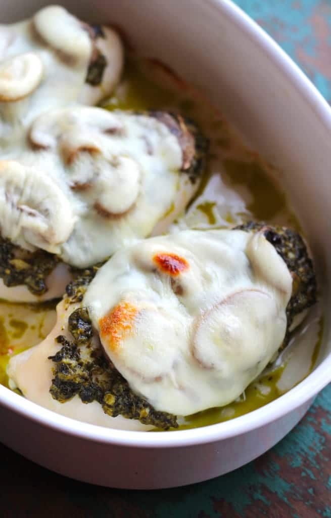 5-Ingredient Pesto Mushroom Baked Chicken