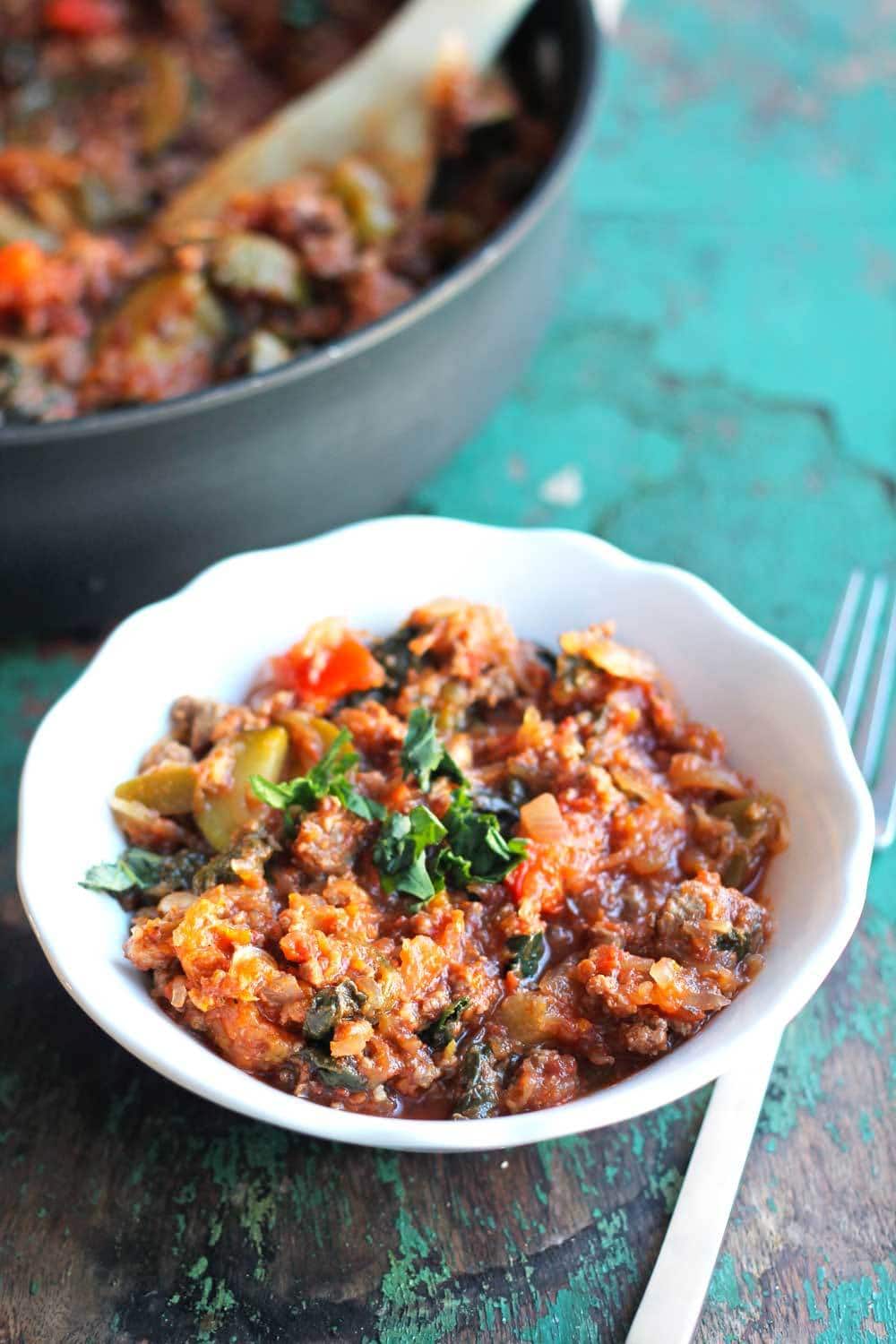 Paleo Ground Beef Spaghetti Squash Skillet - Smile Sandwich