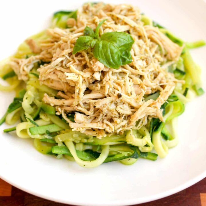 3-Ingredient Slow Cooker Pesto Chicken with Zucchini Noodles
