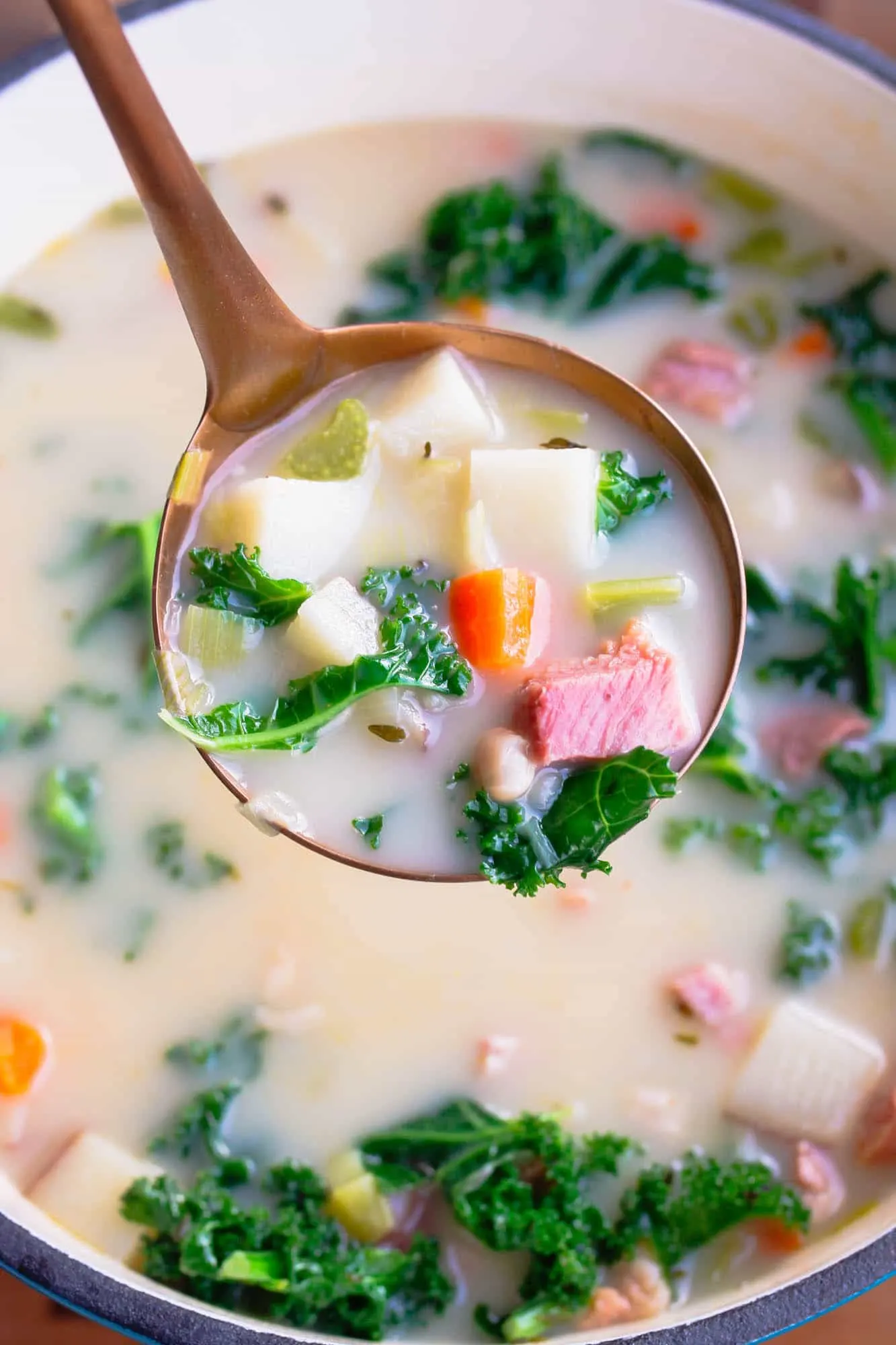 Leftover Ham Soup with Potatoes, White Beans and Kale
