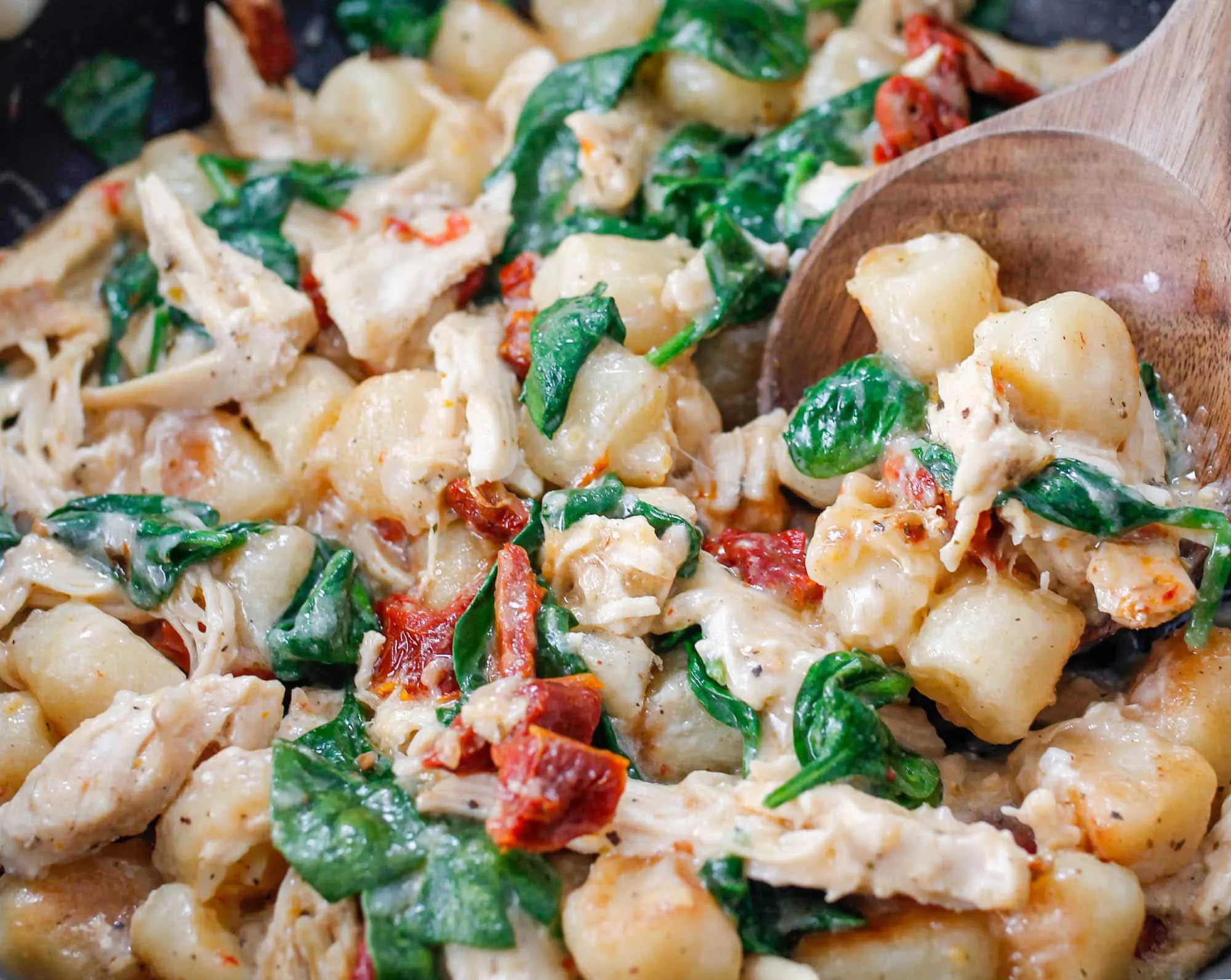 Asiago Chicken Cauliflower Gnocchi with Sun Dried Tomatoes and Spinach